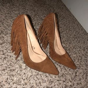 Brown Suede Fringe Pumps